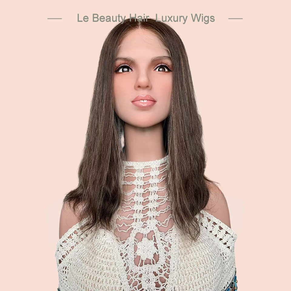 Brown Color Swiss Lace Wave Top Wig Human Hair With Highlights