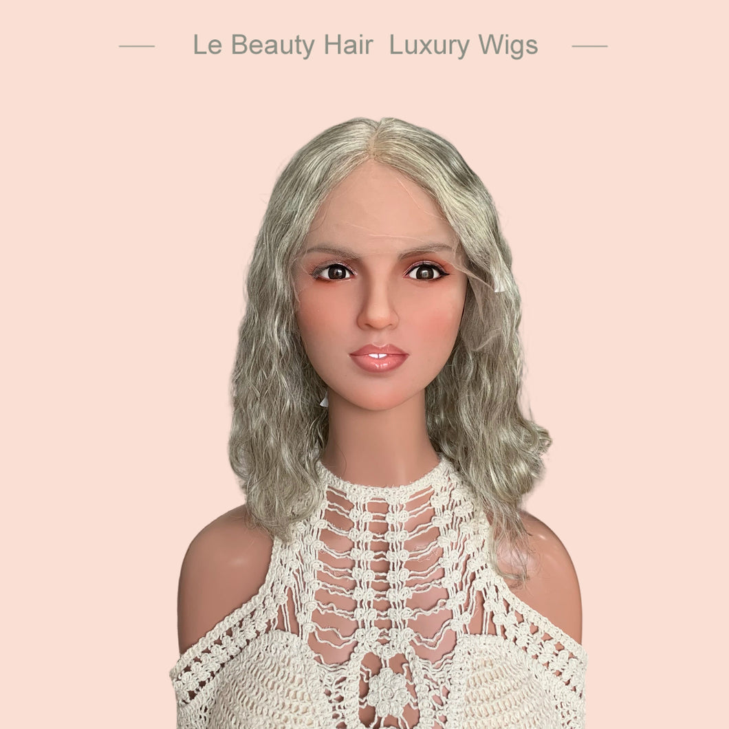 Short Length White Color Hair With Little Black Color Hair Highlights Wave Lace Top Wig