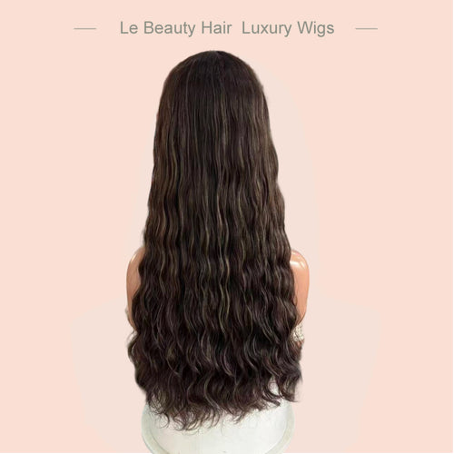 Long Brown With Blonde(Na#6H12 Ashy) Color With Highlight Around Face Wave Swiss Lace Top Wig European Hair Jewish Wigs Kosher