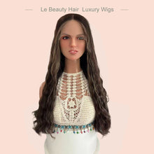 Load image into Gallery viewer, Long Brown With Blonde(Na#6H12 Ashy) Color With Highlight Around Face Wave Swiss Lace Top Wig European Hair Jewish Wigs Kosher